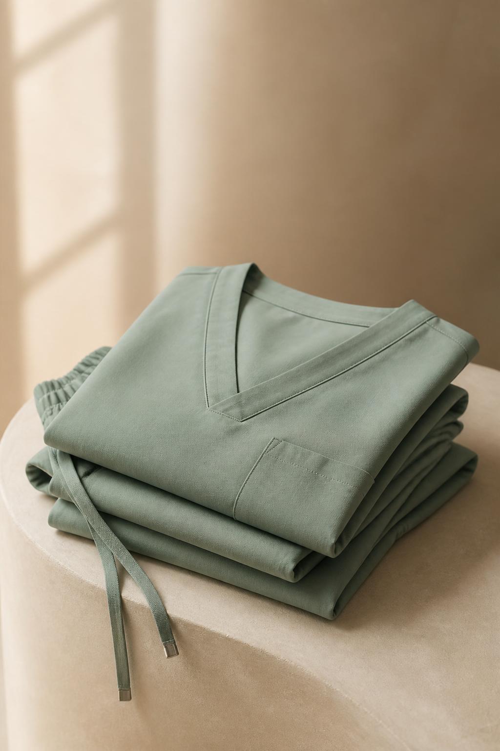 A folded set of sage Paladin's scrubs on a sunlit plaster pedestal.